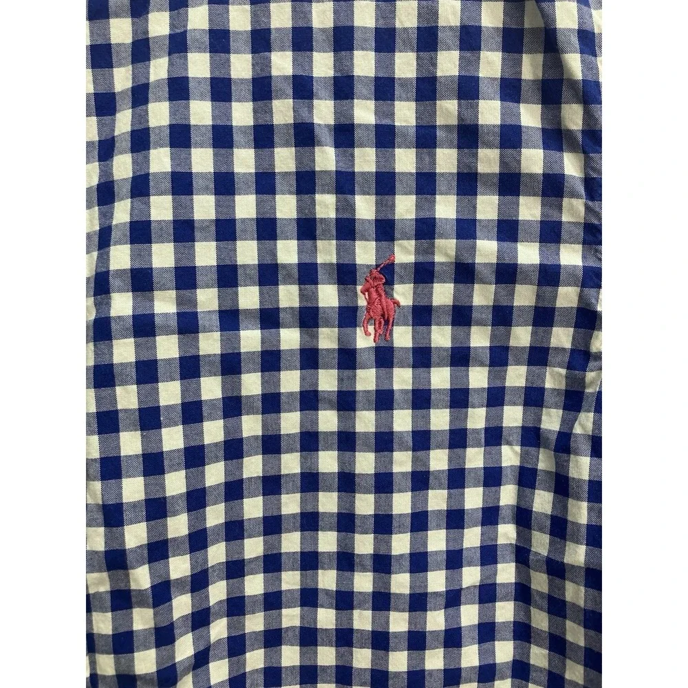Ralph Lauren Blue White Gingham Dress Shirt Boys‎ 14-16 Button Down Pink Pony